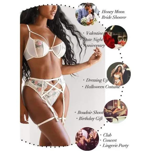 3 Piece Sexy Lingerie Garter Set, White